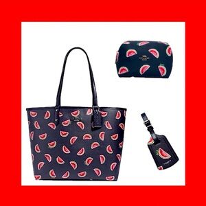 COACH 4 PC SET WATERMELON TOTE PURSE BAG COSMETIC CASE POUCH CHARM WATER BOTTLE